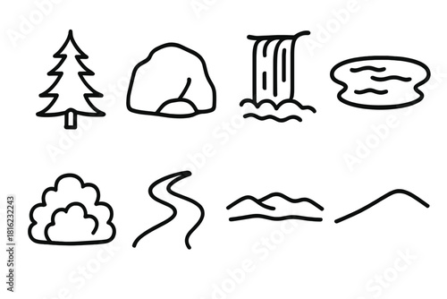 Landscape Icon Silhouettes. Landscape features linear icon set: tree silhouette, boulder, waterfall, lake surface, shrub cluster, winding trail, distant ridge, gentle slope