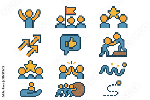 Pixel Art Team Icons. Team Motivation Icons pixel style icon set: group cheer, shared goal flag, unity spark, aligned arrows, encouragement bubble, collaboration lift, team star