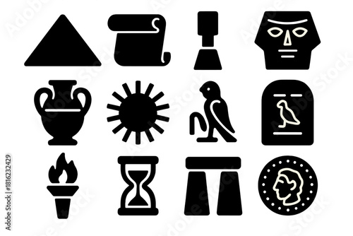 Brutalist Ancient Icons. Ancient Past silhouette icon set: pyramid, scroll, chisel, artifact, urn, sun disk, hieroglyph, stone tablet, torch, sand clock, monument, ancient coin