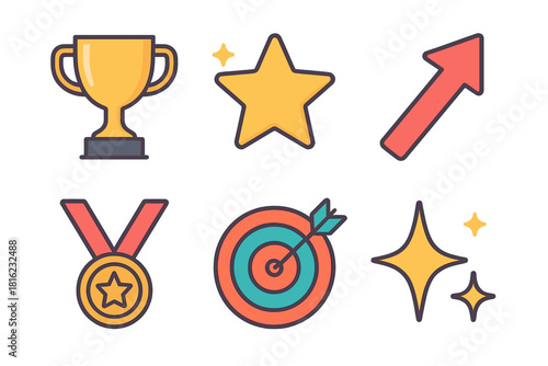 Vibrant Success Icons. Success Mindset flat icon set: trophy, star, upward arrow, medal, target, sparkle