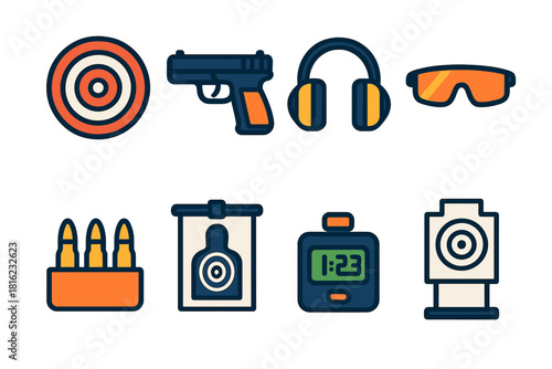 Modern Target Practice Icons. Target Practice flat icon set: bullseye, pistol, ear protection, safety glasses, ammo box, paper target, timer, shooting stand
