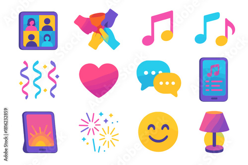 Digital Celebration Icons. Digital Gathering flat icons set. tablet screen, group toast, music notes, decorative streamers, heart emoji, chat bubbles, shared playlist, glowing