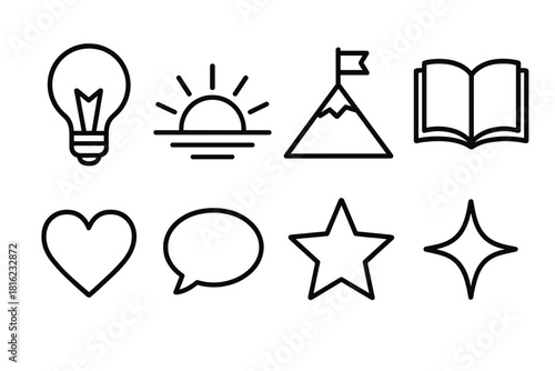 Inspirational Icons Collection. Motivational Moments linear icon set. light bulb, sunrise, mountain peak, open book, heart, speech bubble, star, spark