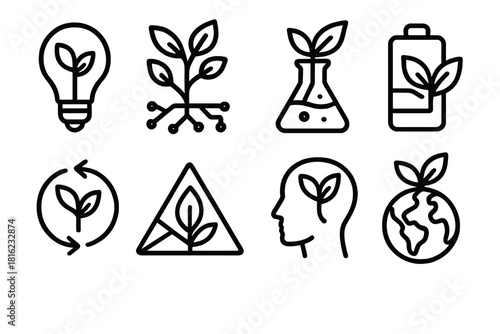 Sustainable Innovation Icons. Plant-based innovation themes linear icon set: sustainable tech, regenerative systems, natural alternatives, plant-powered solutions, circular