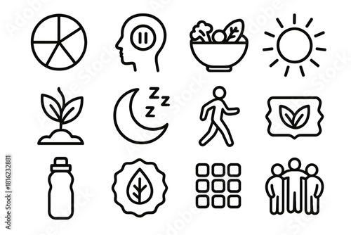 Sustainable Wellbeing Icons. Sustainable Wellbeing Practices linear icon set: balanced lifestyle wheel, mindful pause icon, nutritious meal bowl, energizing sun, restorative sleep