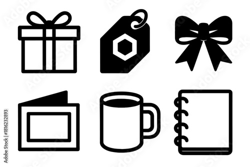Brutalist Gift Icons. Corporate Gifting silhouette icon set. gift box, logo tag, ribbon bow, thank-you card, coffee mug, notebook
