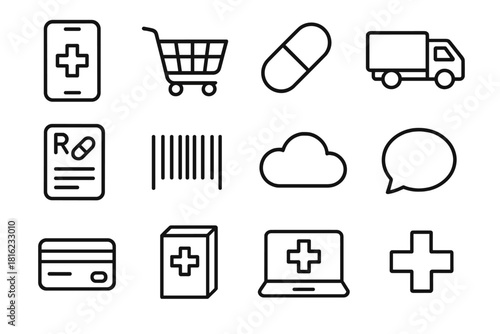 Digital Pharmacy Icons. Online Pharmacy linear icon set. smartphone, shopping cart, pill capsule, delivery truck, prescription, barcode, cloud, chat bubble, credit card, medicine