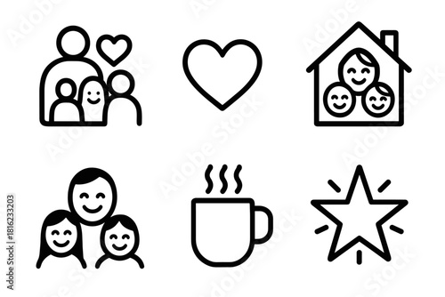 Joyful Family Silhouettes. Joyful Togetherness linear icon set : family silhouette, heart symbol, cozy house, smiling faces, warm mug, glowing star