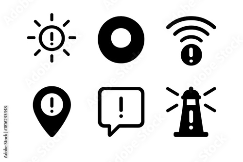 Notification Icon Set. Notification Concepts linear icon set: awareness spark, cue dot, rising signal, trigger marker, prompt square, clarity beacon