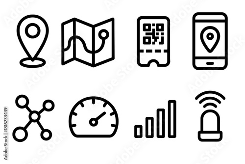 Urban Mobility Icons. Urban Mobility Tech linear icon set: GPS marker, route map, QR ticket, smartphone app, data nodes, speed gauge, signal bars, smart beacon