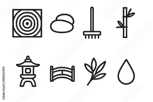 Zen Garden Icons. Zen Garden Elements linear icon set: sand ripple, smooth stone, rake tool, bamboo stalk, lantern, small bridge, leaf sprig, water droplet