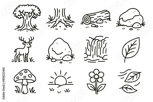 Outline Forest Icons. Ancient forest linear icon set: giant tree, roots, fallen log, moss, deer, stone, waterfall, leaf, mushroom, sunlight, flower, breeze