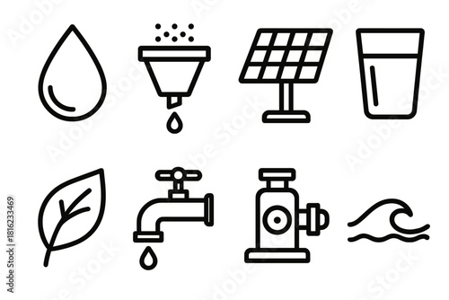 Eco Water Purification Icons. Sustainable Water Purification linear icon set: water droplet, filter system, solar panel, clean glass, leaf, faucet, pump, wave