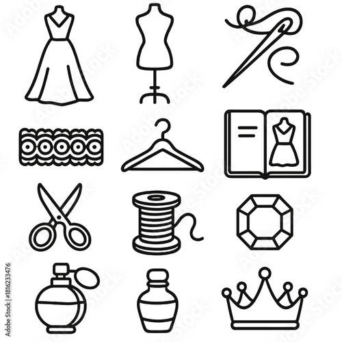 Fashion Design Elements. Fashion House linear icon set: gown, mannequin, sewing needle, ribbon, lace, hanger, sketchbook, scissors, thread spool, jewel, perfume, crown