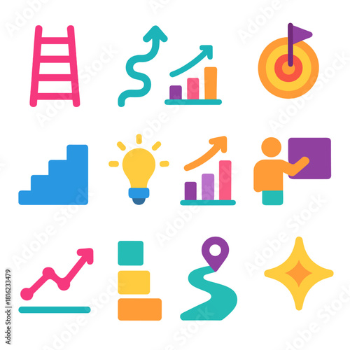 Skill Path Symbols. Skill Path Symbols flat icon set: ascending ladder, pathway arrow, tier bar, goal mark, step sequence, clarity point, development chart, training icon, progress