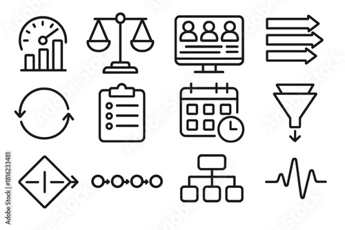 Work System Icons. Labor Day Work Systems Set linear icon set: performance metric, workload balance scale, team dashboard, alignment arrows, improvement loop, resource list, daily