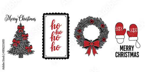 Festive christmas holiday season vector illustration set with decorated tree, wreath, mittens, ho ho ho, and greetings.