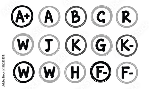 Rough hand drawn doodle style alphabet letters and academic grades in circular frames on a clean white background