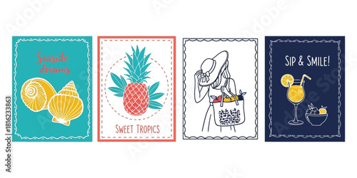 Vibrant summer holiday vector collection featuring hand drawn seashells, pineapple, beach woman, and cocktail.