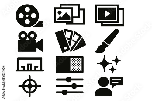 Bold Visual Icons. Visual Stories silhouette icon set. film reel, photo collage, slideshow frames, video camera, color palette, brush, timeline, transition icon, sparkles, lens