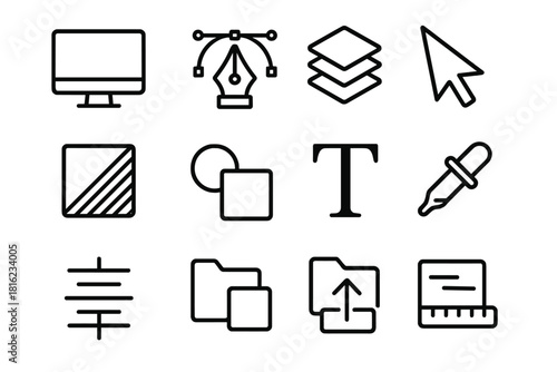 Software Tools Icons. Design software tools linear icon set. monitor, pen tool, layer stack, cursor, gradient, shape icon, text tool, color picker, alignment lines, file folder