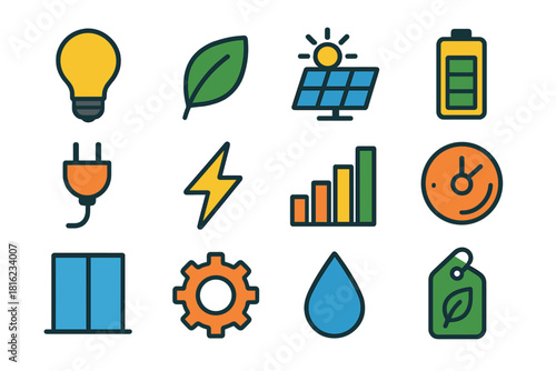 Vibrant Energy Icons. Energy efficiency flat icon set: light bulb, leaf icon, solar panel, battery, plug, lightning bolt, bar chart, thermostat, window, gear, water droplet, eco