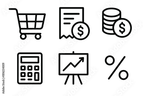 Inflation Icons Set. Price inflation linear icon set. shopping cart, receipt, coin stack, calculator, chart board, percentage sign.