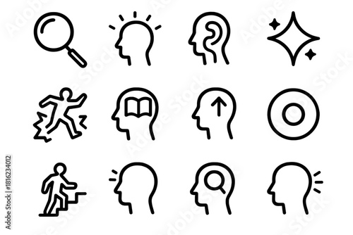 Personal Discovery Icons. Personal Discovery Icons linear icon set: reflection lens, insight glow, inner path icon, clarity spark, breakthrough moment, open-book mind, realization