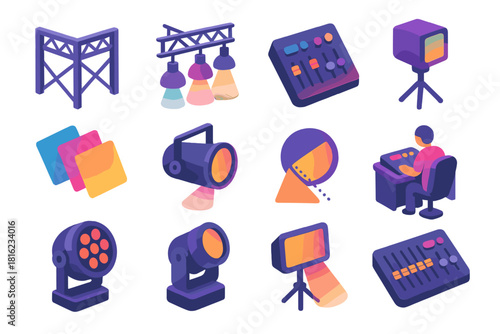 Event Lighting Icons. Event Lighting Design flat icons set. truss system, stage rigging, light controllers, soft wash lights, colored gels, spotlight angle, technician desk