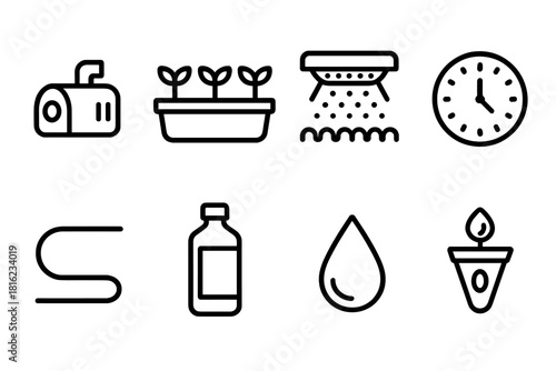 Hydroponic Icon Set. Hydroponic System linear icon set. pump, tray, LED light, timer, tube, bottle, droplet, seed pod
