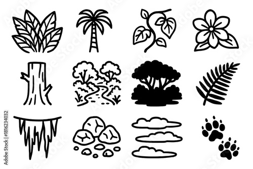 Jungle Outline Icons. Jungle Elements Set linear icon set: dense leaves, tall palm, creeping vine, tropical flower, tree trunk, jungle path, shadowed canopy, fern frond, hanging