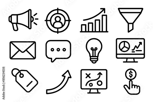 Marketing Icon Set. Marketing Elements Set linear icon set: megaphone, target audience icon, bar chart, funnel graphic, email campaign, speech bubble, lightbulb idea, analytics