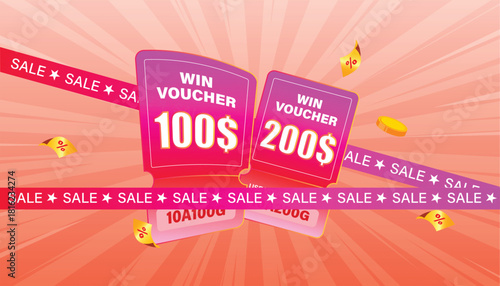 Sale voucher banner, dynamic rays background, and floating sale elements. Perfect for promotions, offers, and discounts.