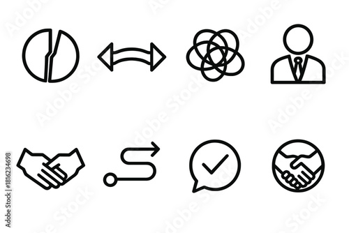 Conflict Mediation Icons. Conflict Negotiation linear icon set: split circle, bridging arrow, tension knot, mediator symbol, compromise bar, resolution path, clarity bubble