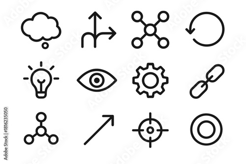Mind Exploration Icons. Mind Exploration Icons linear icon set: thought cloud, branching path, cognitive map, reflection loop, understanding light, perception eye, reasoning gear