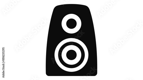 Black and white icon graphic of a studio monitor speaker with text reading studio monitors professional audio output iso