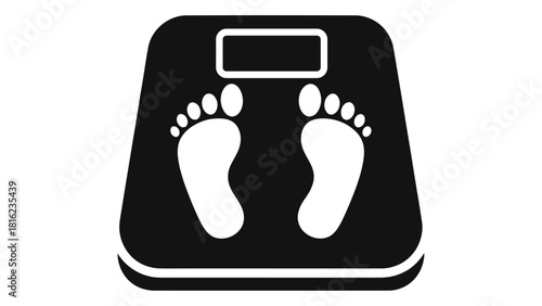 Black and white icon representing a smart digital weighing machine with footprints for weight tracking and health monito