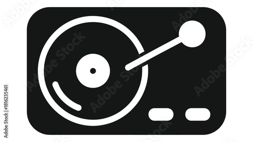 Black and white icon representing a turntable or record player for vinyl playback.