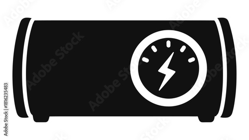 Black and white icon representing a voltage stabilizer device with a gauge showing a lightning bolt symbol for power reg