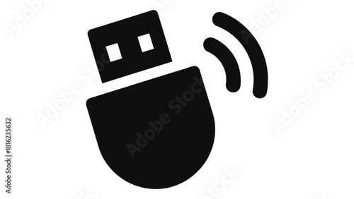 Black silhouette icon representing a usb wifi adapter with wireless signal waves.