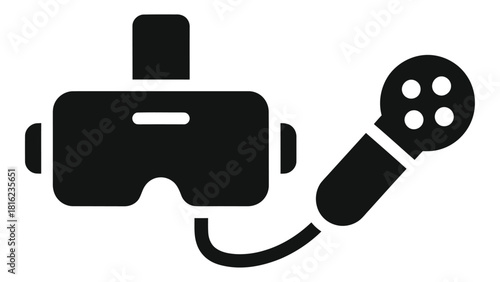 Black silhouette icon representing virtual reality headset with attached microphone accessory for gaming or simulation.