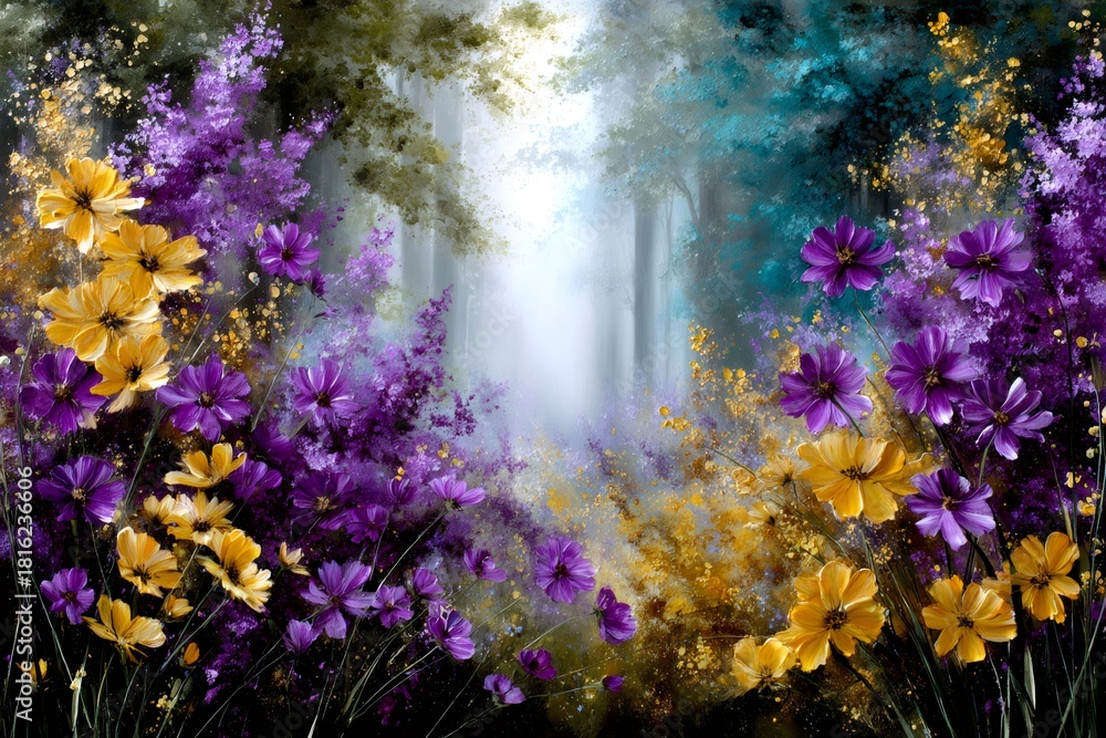 Obraz premium Purple and yellow flowers blooming in lush fantasy forest