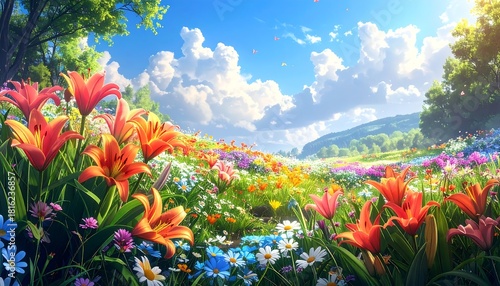 Fototapeta Naklejka Na Ścianę i Meble -  Vibrant flower field under a blue sky with clouds and a distant hill