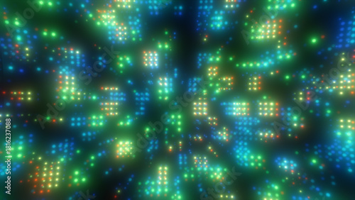 Glowing green and blue digital dots forming a vivid abstract light-field with soft blurred diffusion