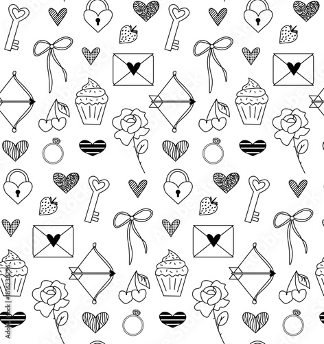 Valentine's Day seamless pattern. Vector graphic line black and white illustration. Silhouette sign for logo, print, comics, fashion, pop art, boards, design, stickers, decoration, posters