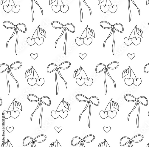 Cherry fruit, ribbon, heart Valentine's Day seamless pattern. Vector graphic line black and white illustration. Textile, fabric, texture design for package, holiday design, fabric and textile.