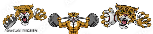 Cougar Panther Puma Hockey Mascot, Wildcat Weightlifting Bodybuilder Mascot, Jaguar Leopard Cheetah Panther Baseball Team Mascot Illustration