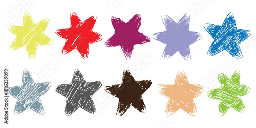 Set of colorful hand-drawn stars with a textured crayon effect, ideal for child-friendly designs and creative projects.