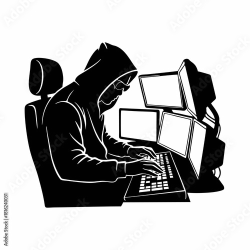 Hacker Silhouette Coding on Multiple Monitors Vector Illustration