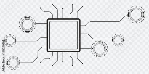 Microchip and circuit network connecting to HUD circles on transparent background. Tech concept.
